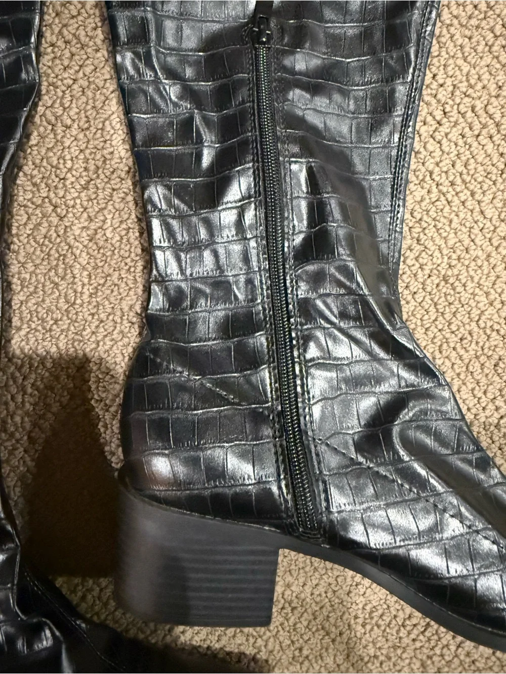 Black Croc-Embossed Knee-High Block Heel Boots